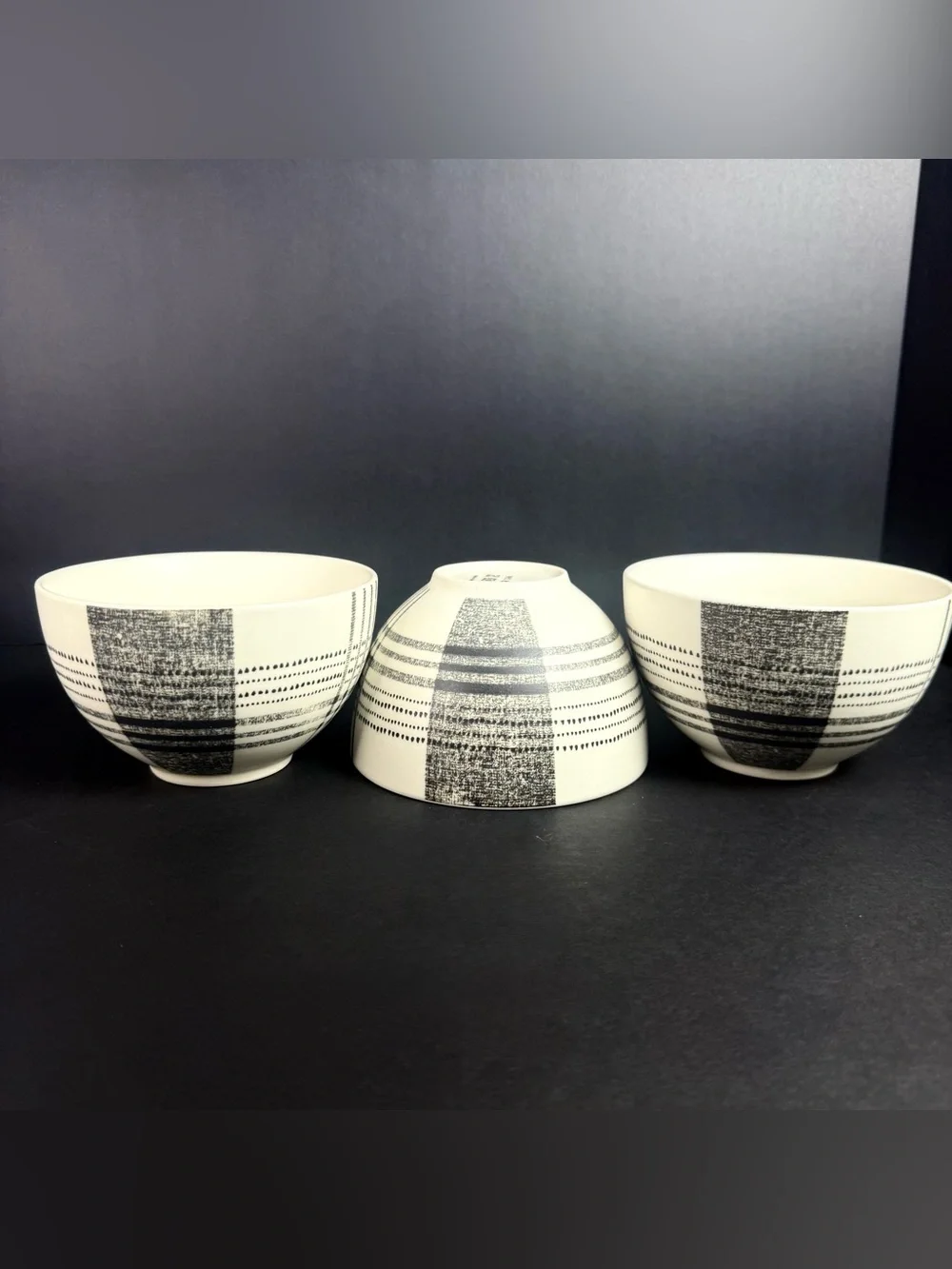 Set Of 3 Retired West Elm Black Original Plaid Cereal Bowls Stoneware